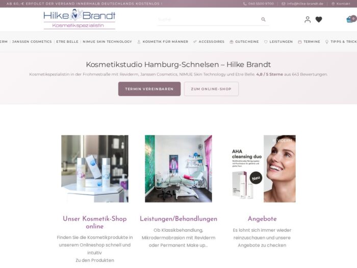 Startseite des Hilke Brandt WooCommerce Kosmetik-Onlineshops mit den Marken Reviderm, Janssen Cosmetics, NIMUE und Etre Belle