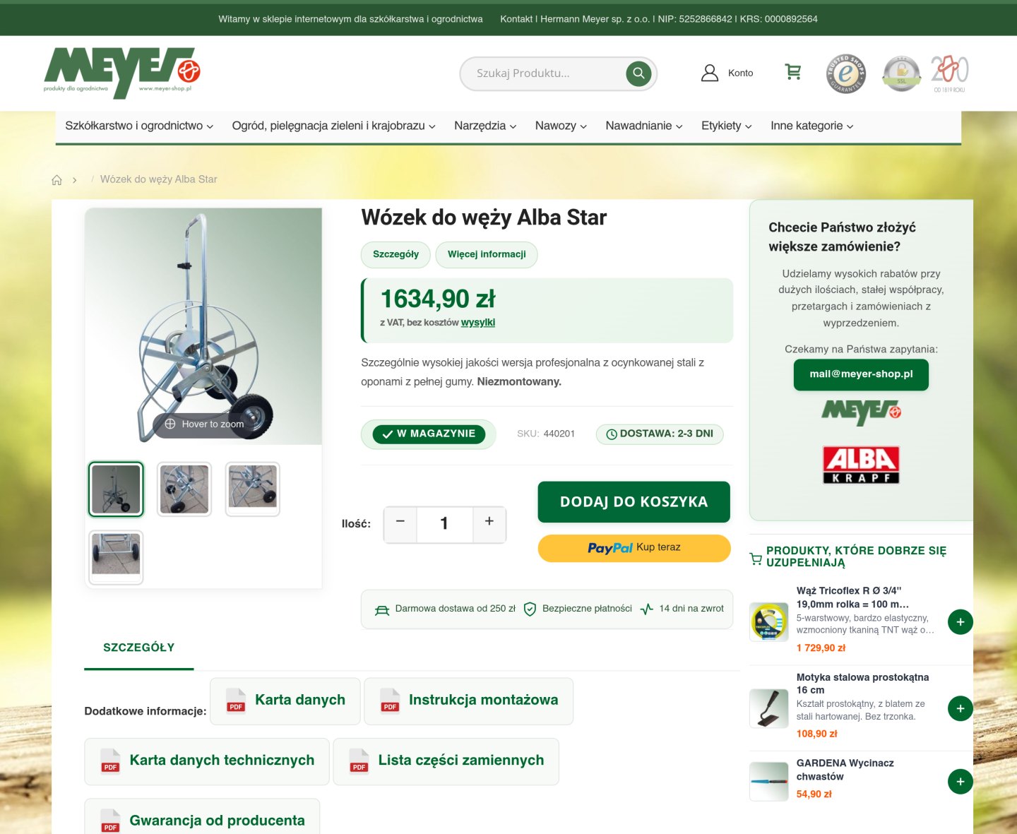 Produktseite im Magento-2-Shop Meyer mit PayPal-Express, B2B-Anfragebox, Produkt-PDFs und Cross-Selling-Empfehlungen