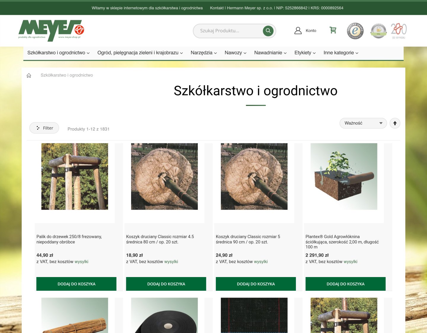 Kategorieseite Baumschule und Gartenbau im Magento-2-Shop von Hermann Meyer mit Produktraster und Ajax-Warenkorb