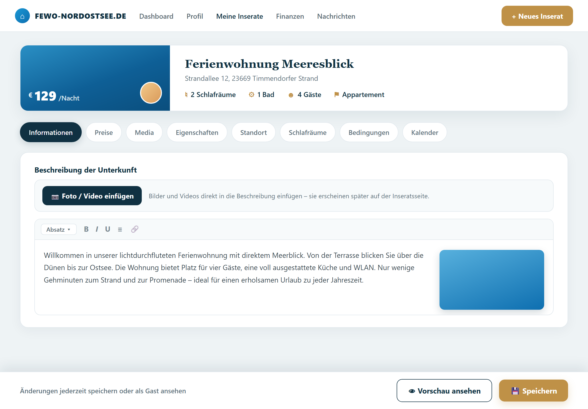 Neuer Inserats-Editor von Fewo-Nordostsee.de mit voller Breite, Vorschau-Banner und Medien direkt in der Beschreibung