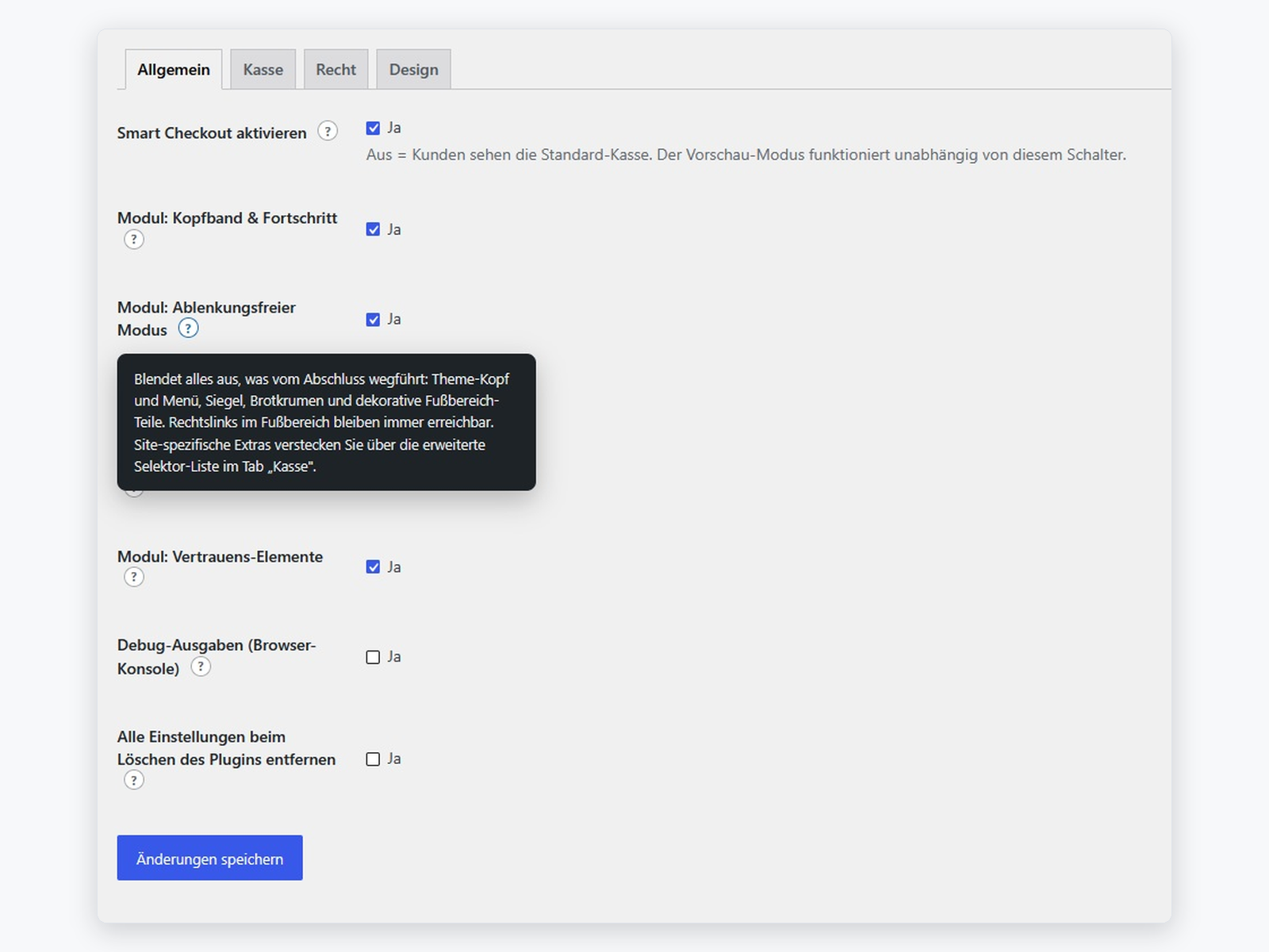 Reiter Allgemein: Smart Checkout aktivieren und die einzelnen Module ein- oder ausschalten