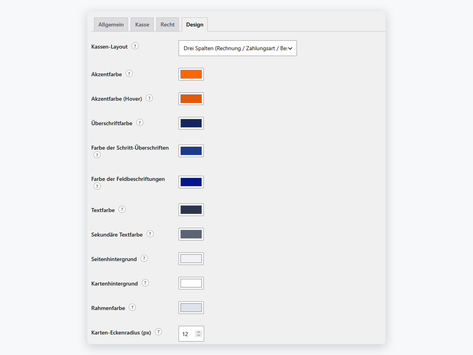 Reiter Design: Kassen-Layout, Farben für Überschriften, Beschriftungen und Flächen, Eckenradius