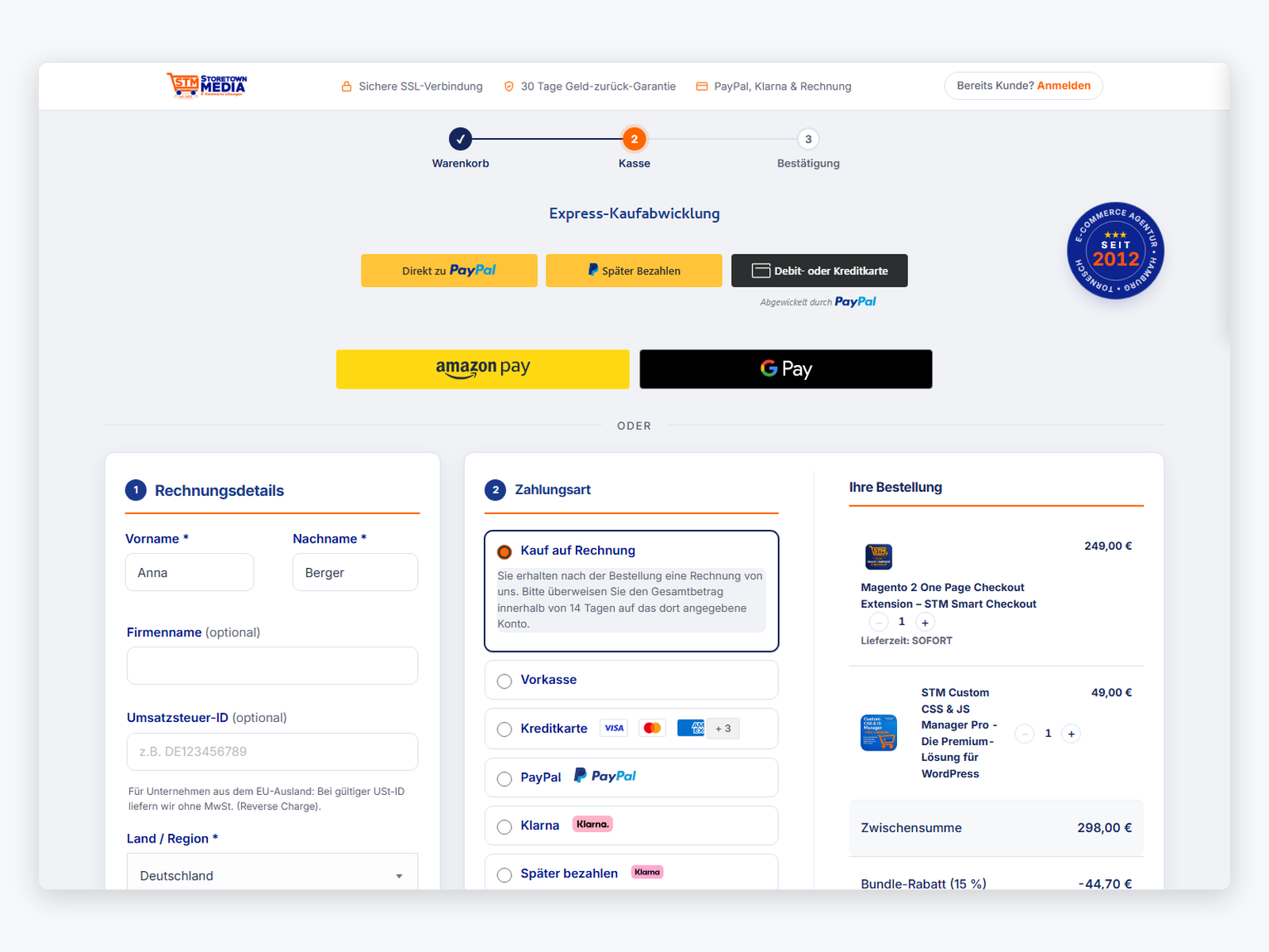 Die WooCommerce-Kasse mit Kopfband, nummerierten Schritten und Bestellübersicht als Karte