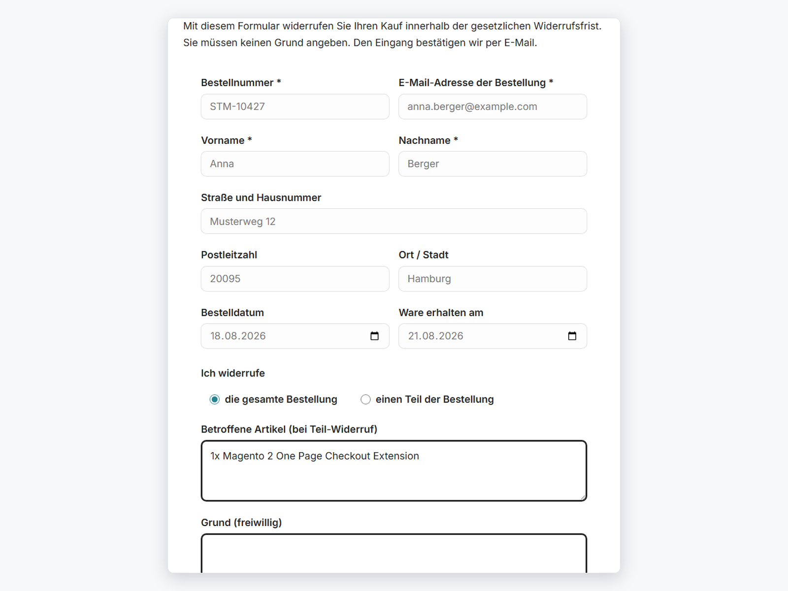 Das Online-Widerrufsformular für Kundinnen, Kunden und Gäste
