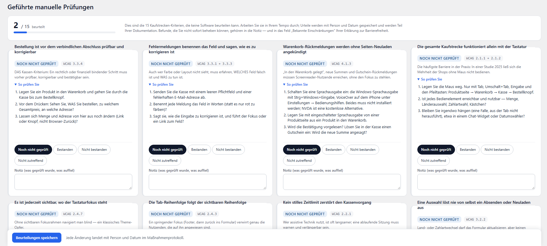 Guided manual inspections: criteria that only a human can assess, with inspection steps and judgment.