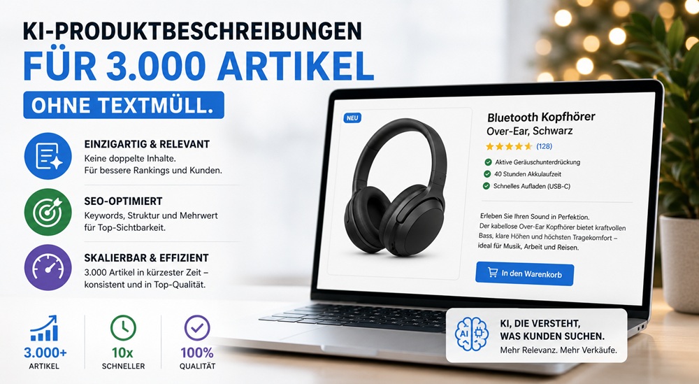 KI-Produktbeschreibungen für 3.000 Artikel — ohne Textmüll