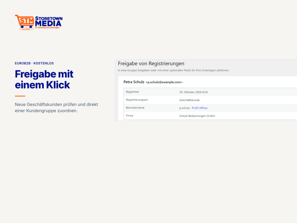 Wartende Registrierung einer Musterfirma, Freigabe in die Gruppe Geschäftskunden