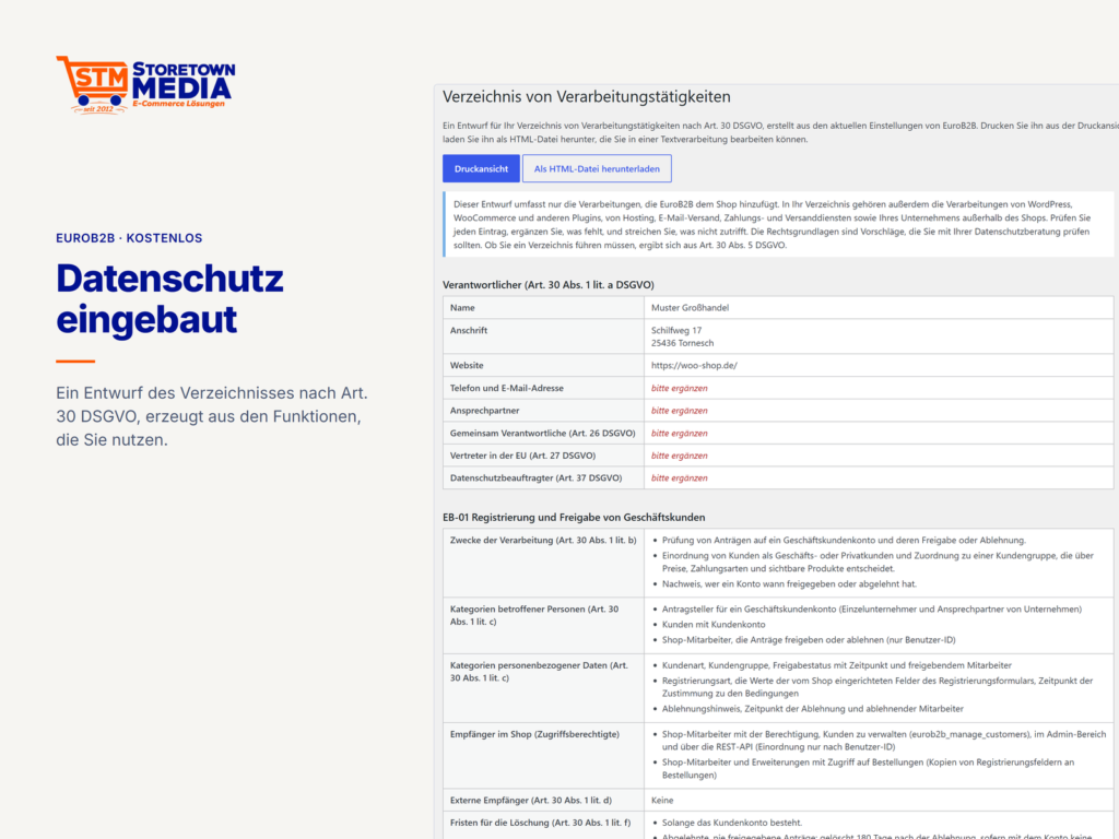 Entwurf des Verzeichnisses von Verarbeitungstätigkeiten nach Art. 30 DSGVO in EuroB2B