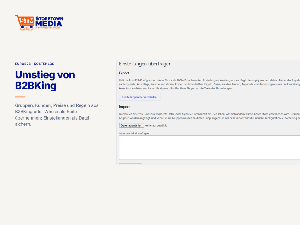 Einstellungen exportieren und importieren, Übernahme aus B2BKing oder Wholesale Suite