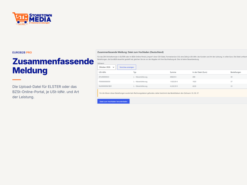 Vorschau der Zusammenfassenden Meldung mit USt-IdNr., Art der Leistung und Summe