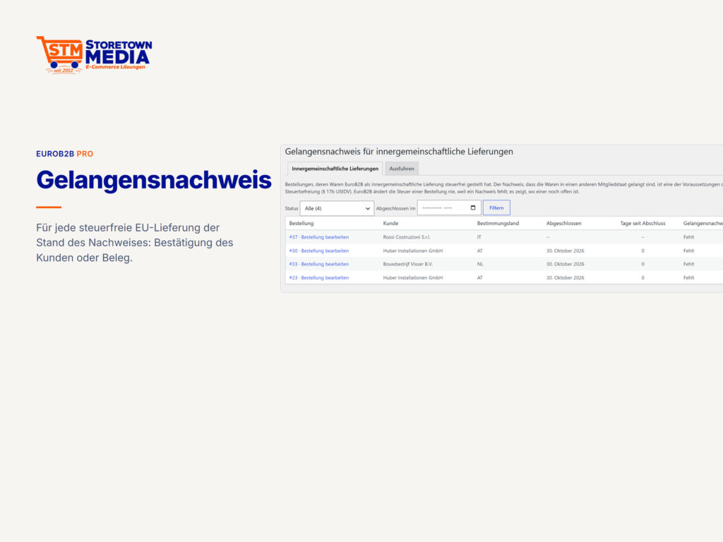 Liste der innergemeinschaftlichen Lieferungen mit Bestimmungsland und Stand des Gelangensnachweises