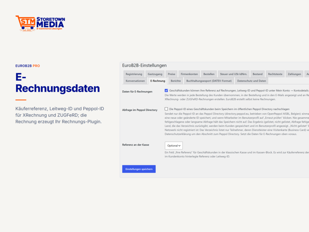 Einstellungen für Daten für E-Rechnungen, Peppol-Abfrage und Referenz an der Kasse