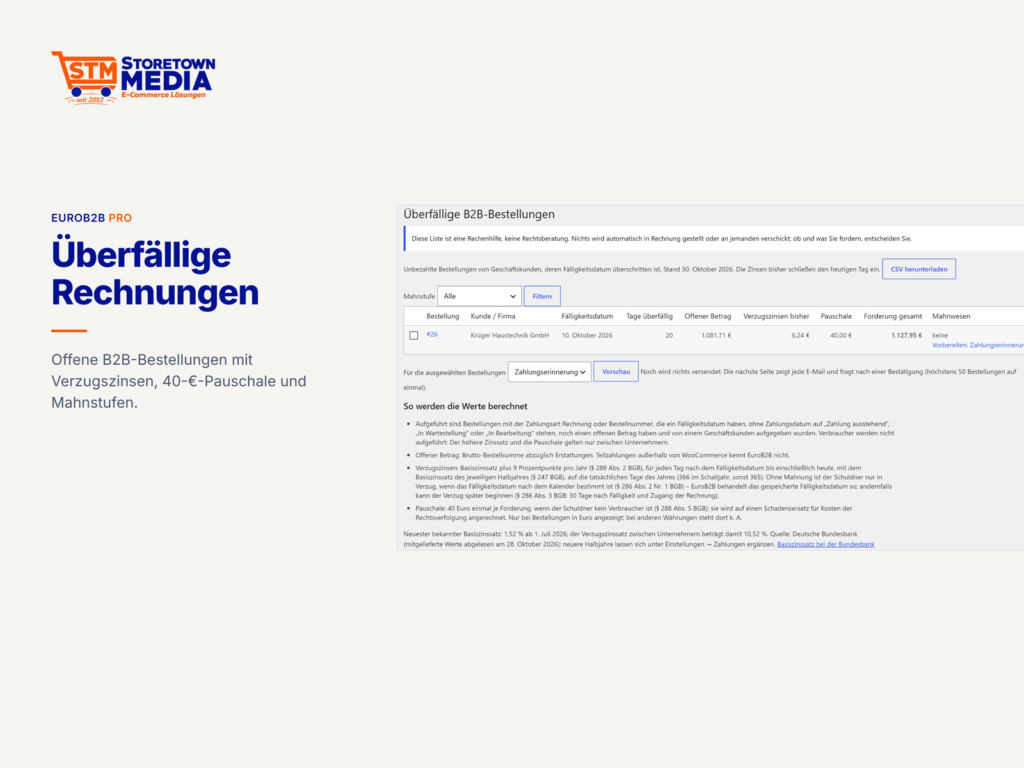 Überfällige B2B-Bestellung mit Tagen überfällig, Verzugszinsen, Pauschale und Mahnstufe