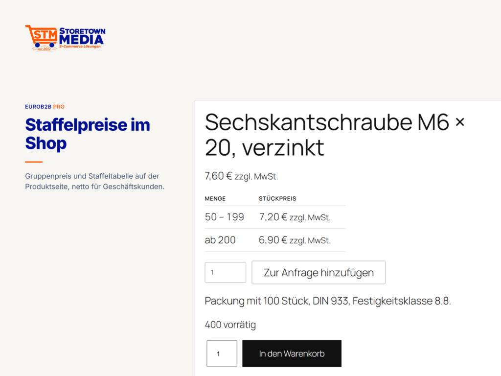 Produktseite für einen Fachhändler mit Gruppenpreis und Staffeltabelle zuzüglich MwSt.