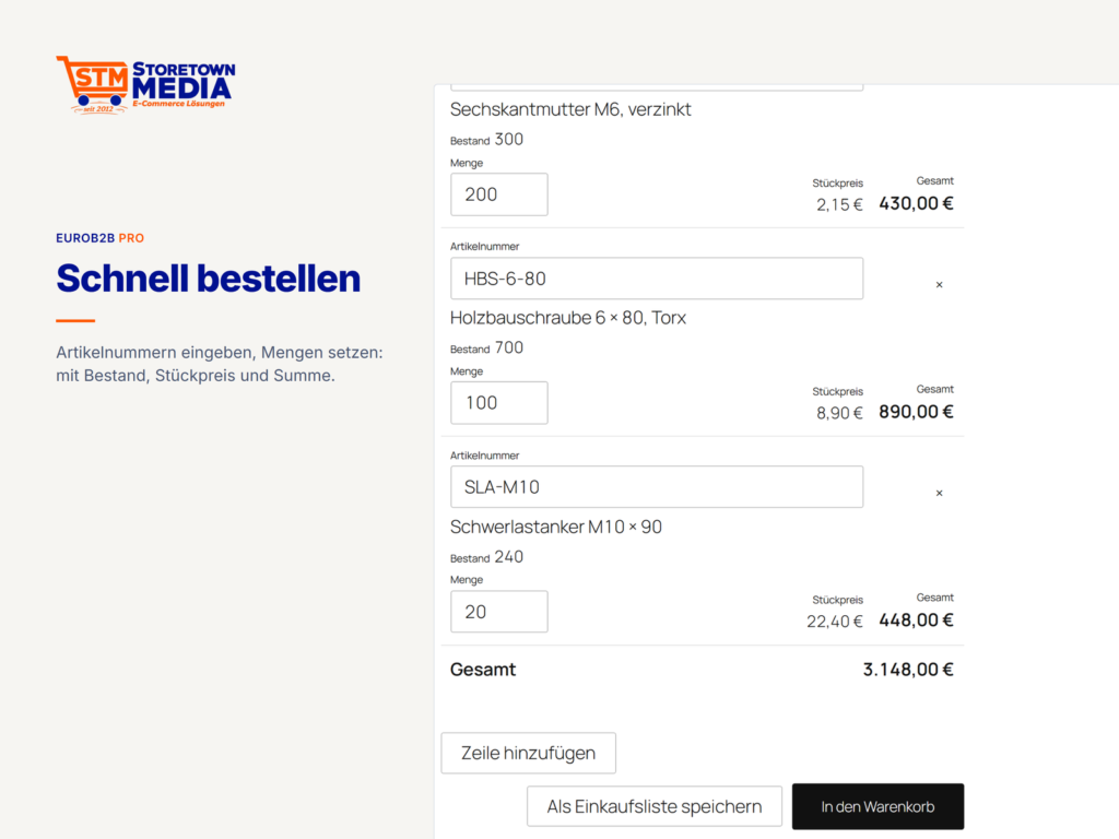 Bestellformular mit vier Zeilen, Bestand, Stückpreis, Summe und Gesamtbetrag