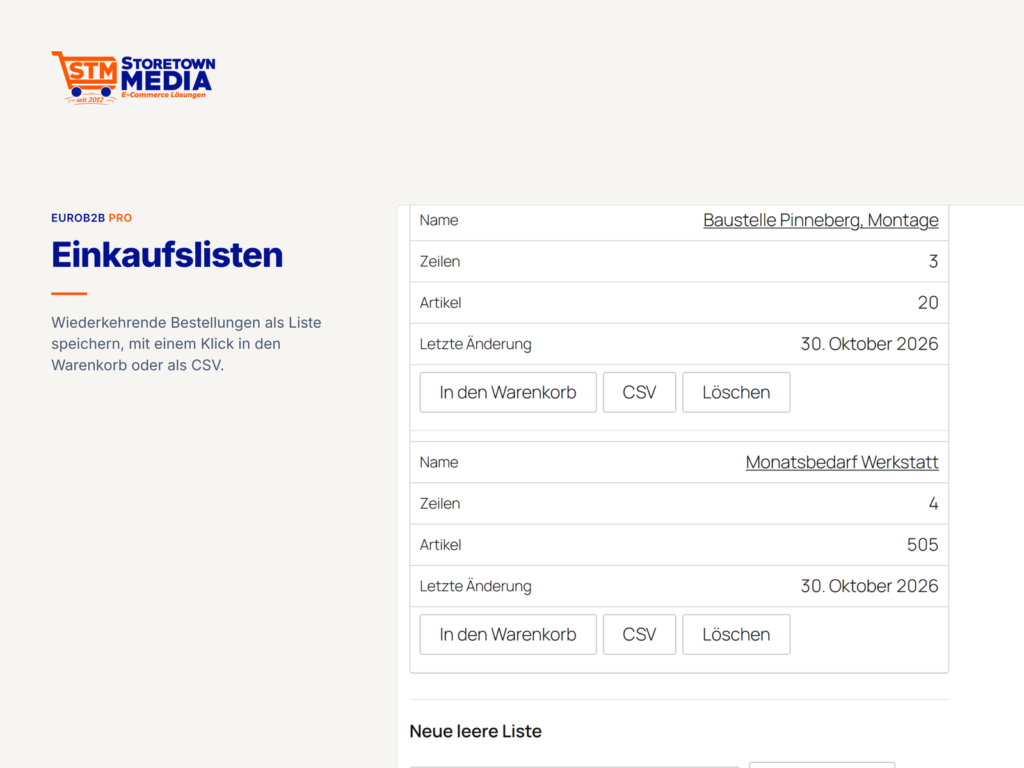 Einkaufslisten im Kundenkonto mit Zeilen, Artikeln und den Knöpfen In den Warenkorb, CSV und Löschen