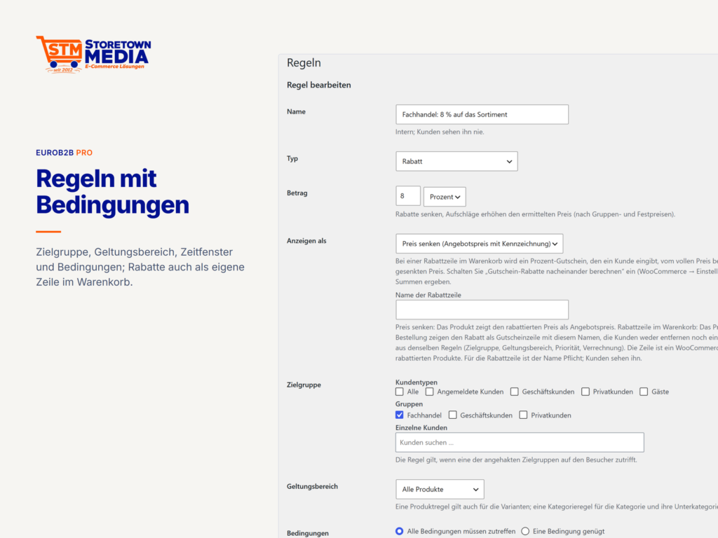 Regel bearbeiten mit Typ, Betrag, Anzeige, Zielgruppe, Geltungsbereich und Bedingungen