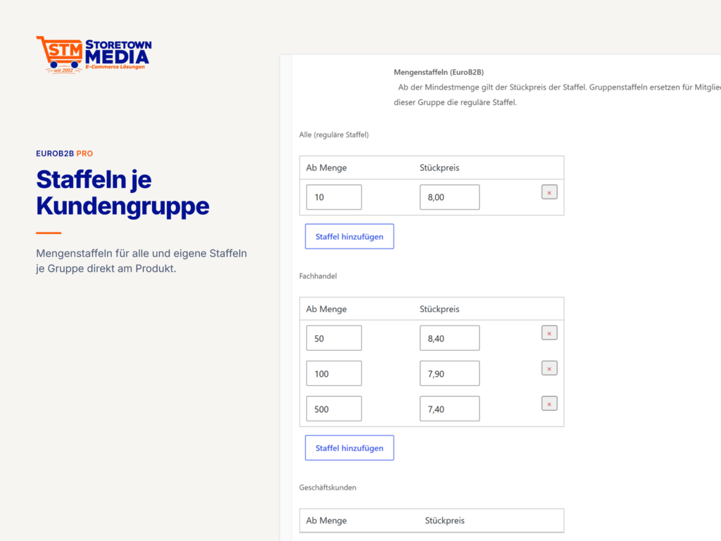 Mengenstaffeln am Produkt: reguläre Staffel und Staffeln für die Gruppe Fachhandel