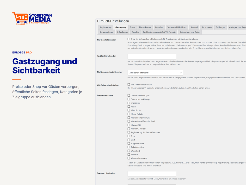 Einstellungen für reine Geschäftskunden-Shops, Gäste, öffentliche Seiten und Sichtbarkeit