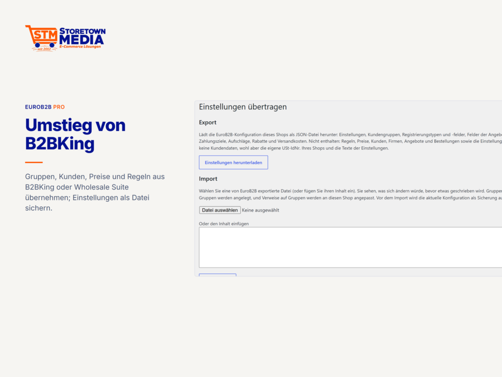 Einstellungen exportieren und importieren, Übernahme aus B2BKing oder Wholesale Suite