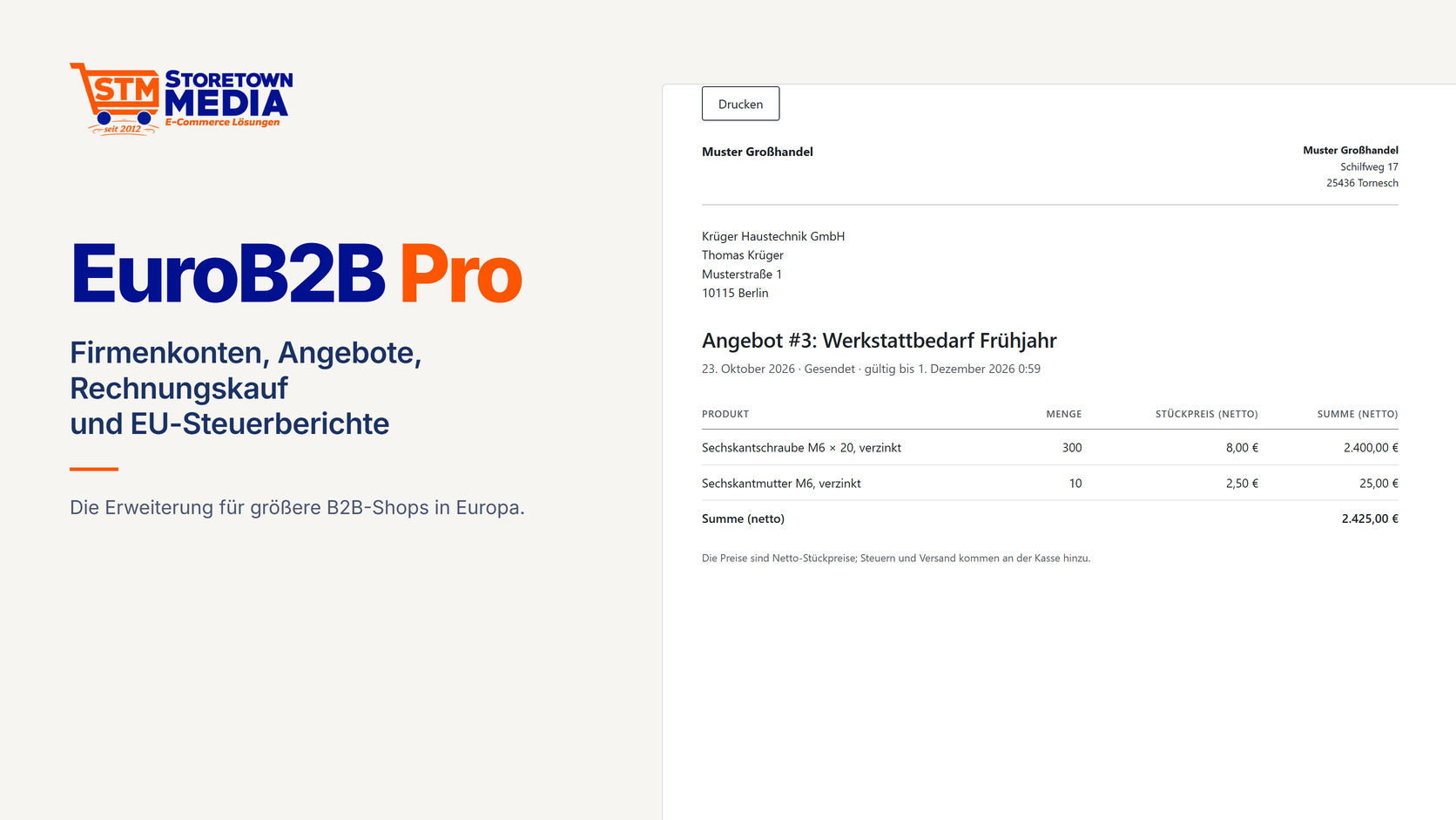 EuroB2B Pro für WooCommerce: Angebot an eine Musterfirma mit Positionen und Nettosumme