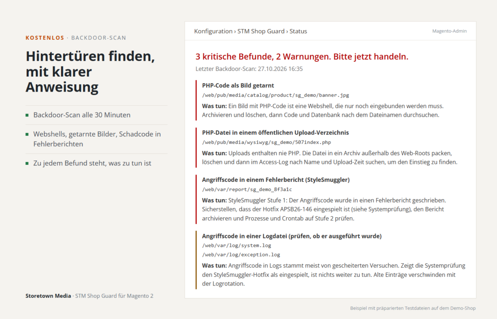 Backdoor-Scan alle 30 Minuten: Ergebnis in einem Satz und zu jedem Befund, was zu tun ist (Beispiel mit Testdateien)