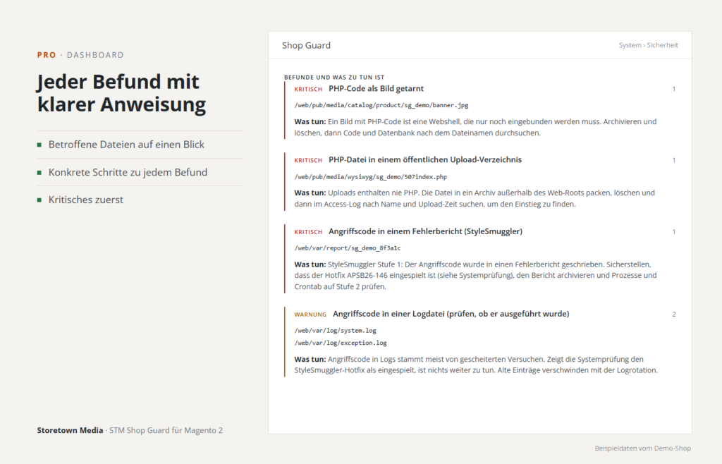 Jeder Befund mit betroffenen Dateien und konkreten Schritten, Kritisches zuerst (Beispieldaten)