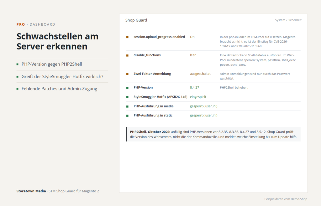 Systemprüfung: PHP-Version gegen PHP2Shell, StyleSmuggler-Hotfix, Patches und Admin-Zugang (Beispiel vom Demo-Shop)