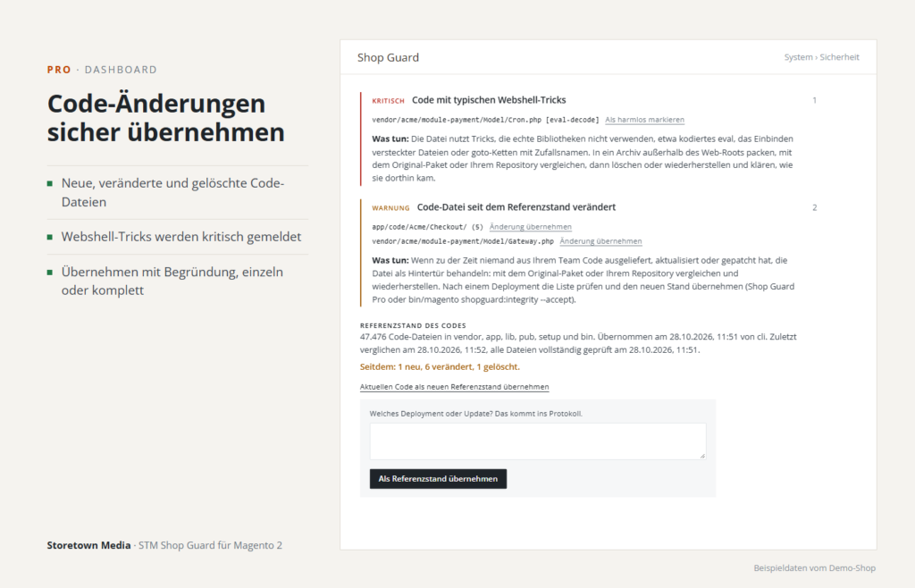 Code-Änderungen seit dem Referenzstand: Webshell-Trick kritisch gemeldet, Änderungen mit Begründung übernehmen (Beispieldaten)