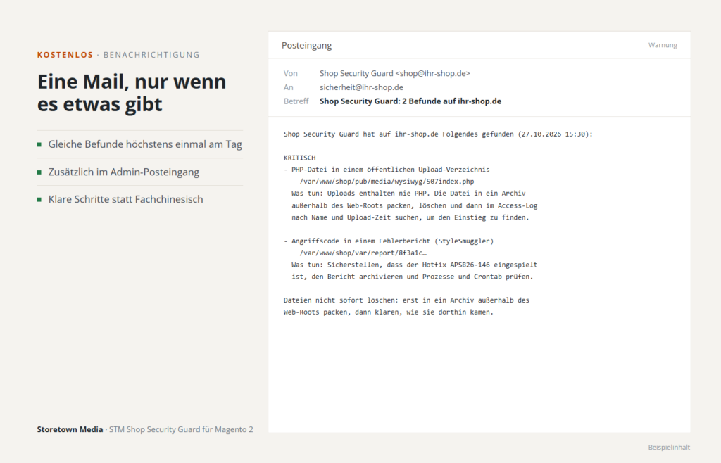 Benachrichtigung per Mail: nur wenn es etwas gibt, mit klaren Schritten zu jedem Befund (Beispielinhalt)