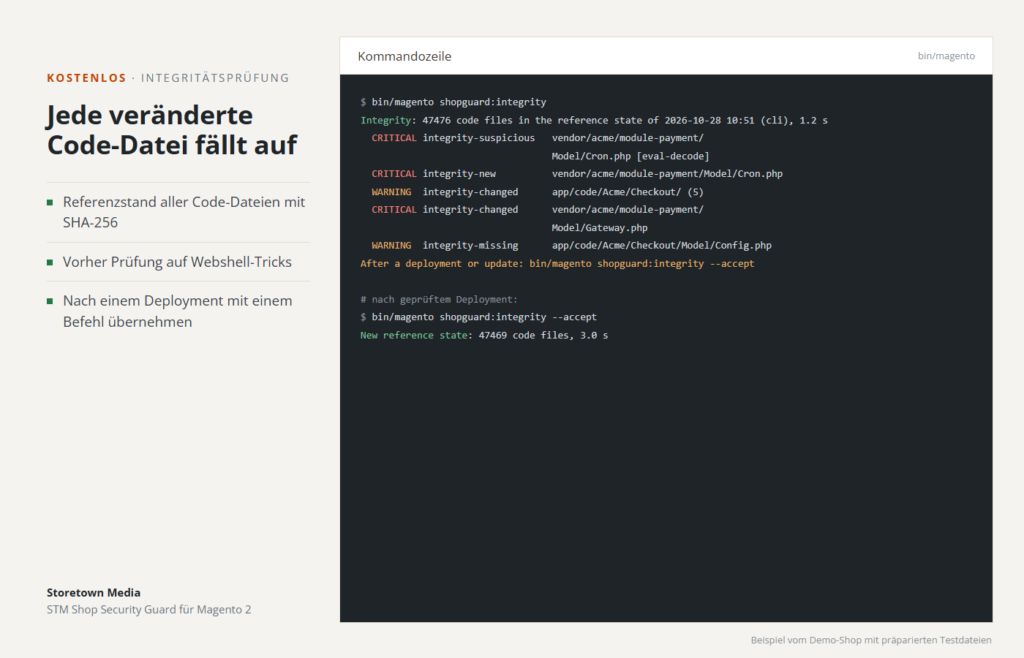 Integritätsprüfung auf der Kommandozeile: veränderte Code-Dateien und Webshell-Tricks, danach neuer Referenzstand (Beispiel mit Testdateien)