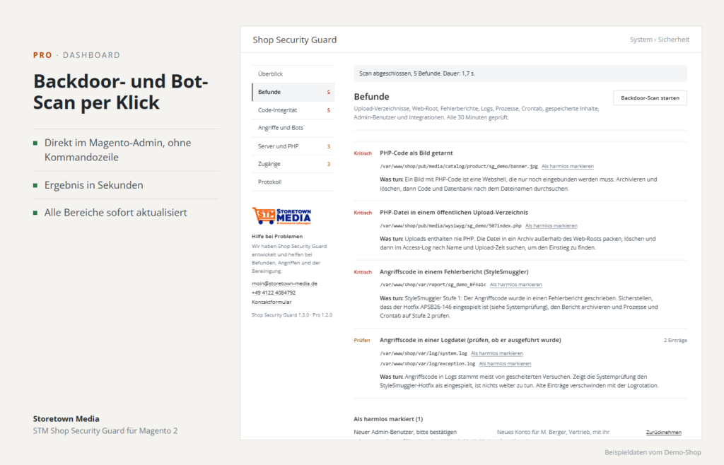Backdoor- und Bot-Scan per Klick im Magento-Admin, Ergebnis in Sekunden (Beispieldaten)