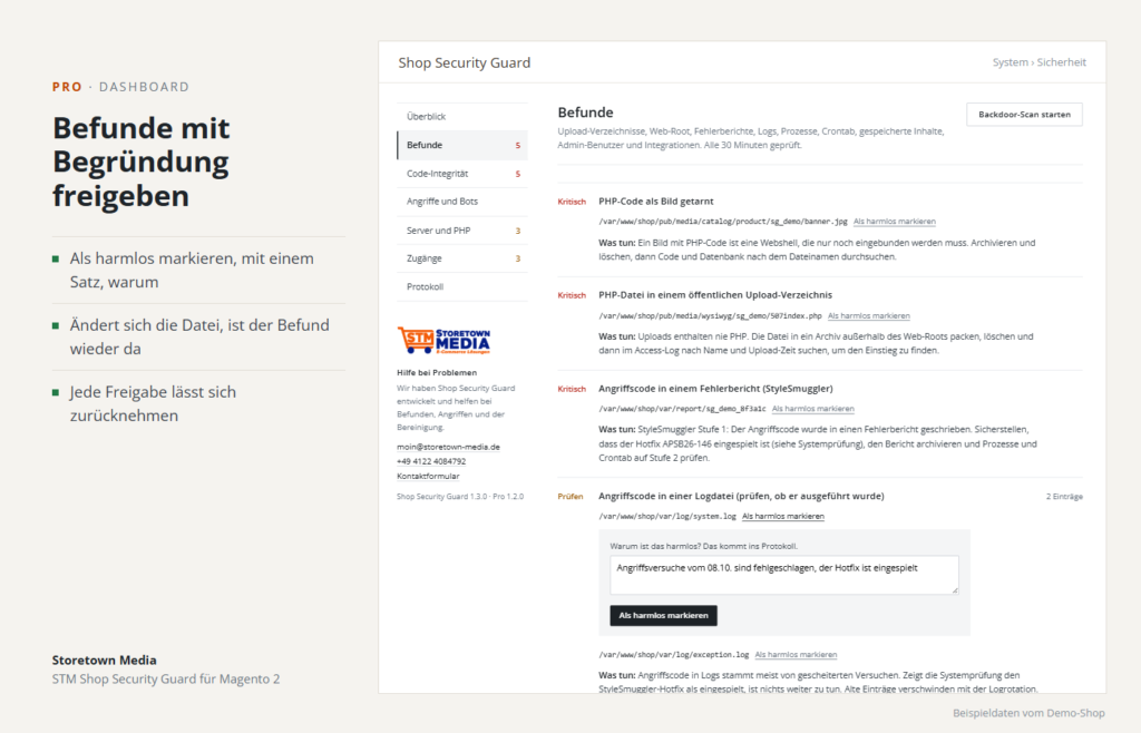 Befund mit Begründung als harmlos markieren, Freigaben jederzeit zurücknehmen (Beispieldaten)