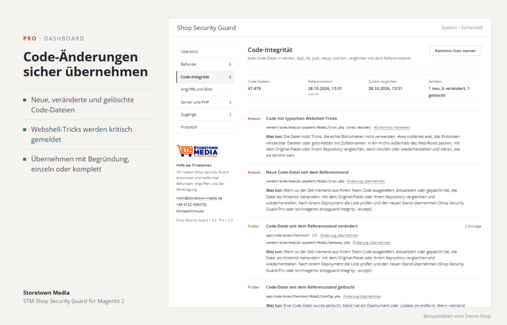 Code-Änderungen seit dem Referenzstand: Webshell-Trick kritisch gemeldet, Änderungen mit Begründung übernehmen (Beispieldaten)