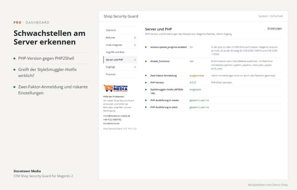 Server und PHP: PHP-Version gegen PHP2Shell, StyleSmuggler-Hotfix, Zwei-Faktor-Anmeldung und riskante Einstellungen (Beispieldaten)