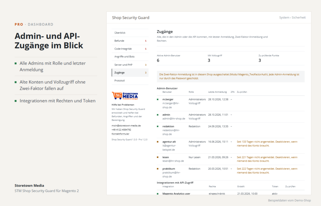 Admin-Benutzer mit Rolle, letzter Anmeldung und Hinweisen, Integrationen mit Rechten und Token (Beispieldaten)