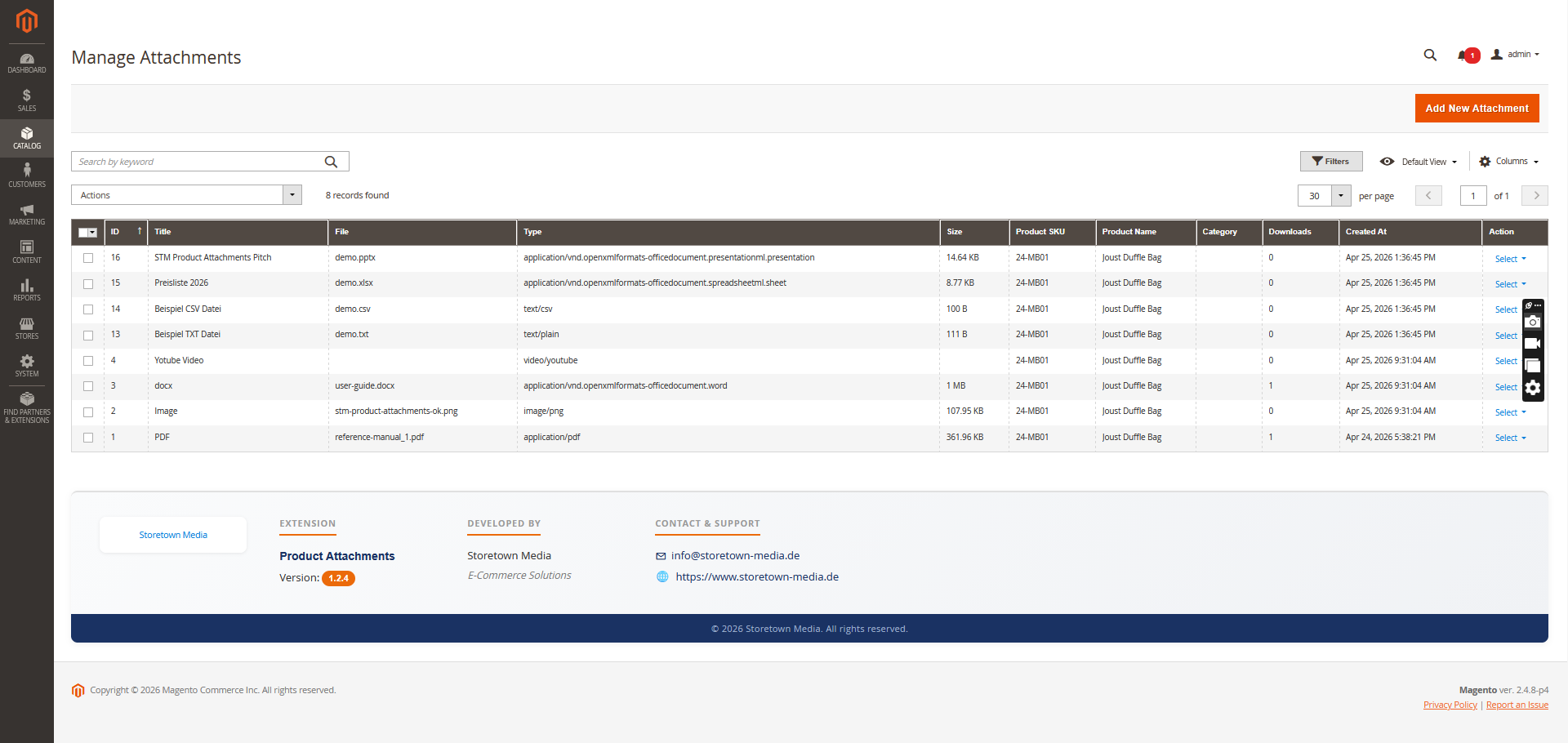 Central attachment grid under Catalog > Product Attachments > Manage Attachments.