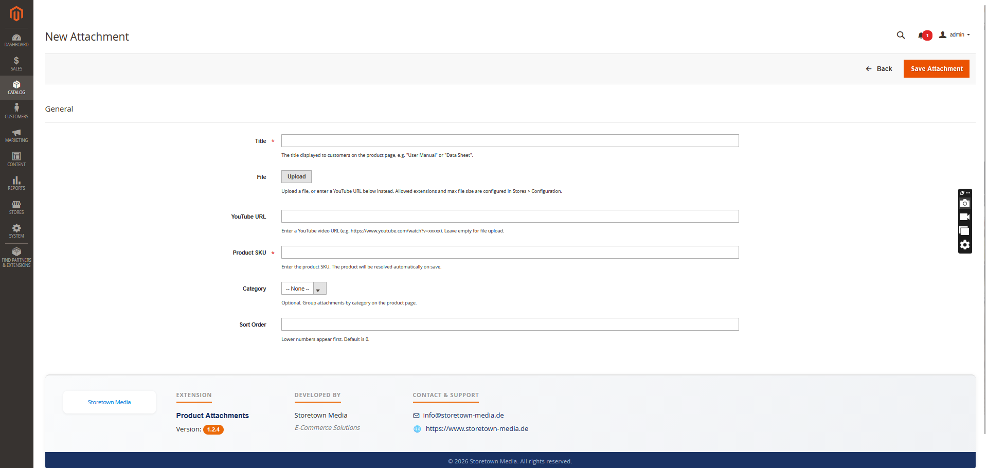 Attachment edit form — file upload, YouTube URL, title, product SKU, category and sort order.