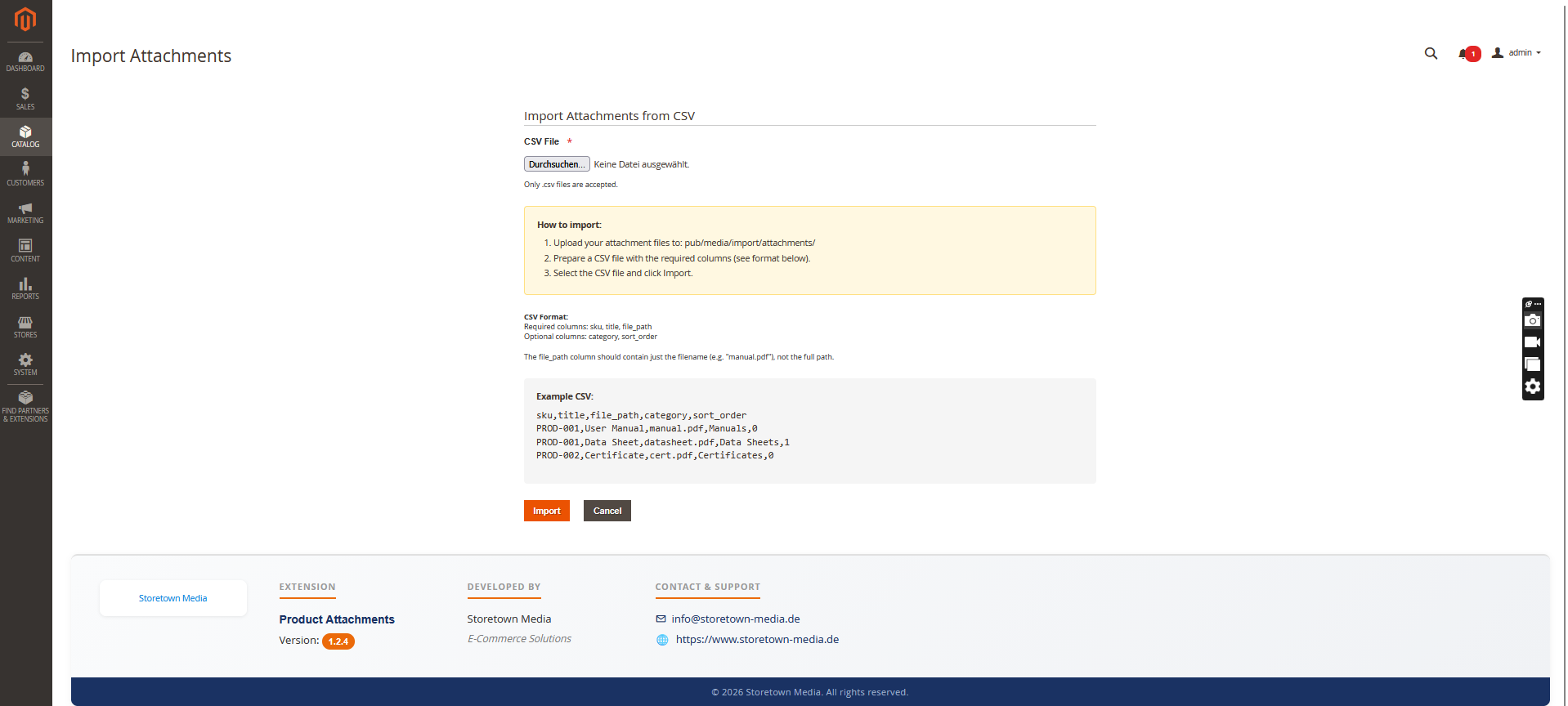 Assign Attachment mass action in the catalog product grid — pick any number of products, run the action and attach the s