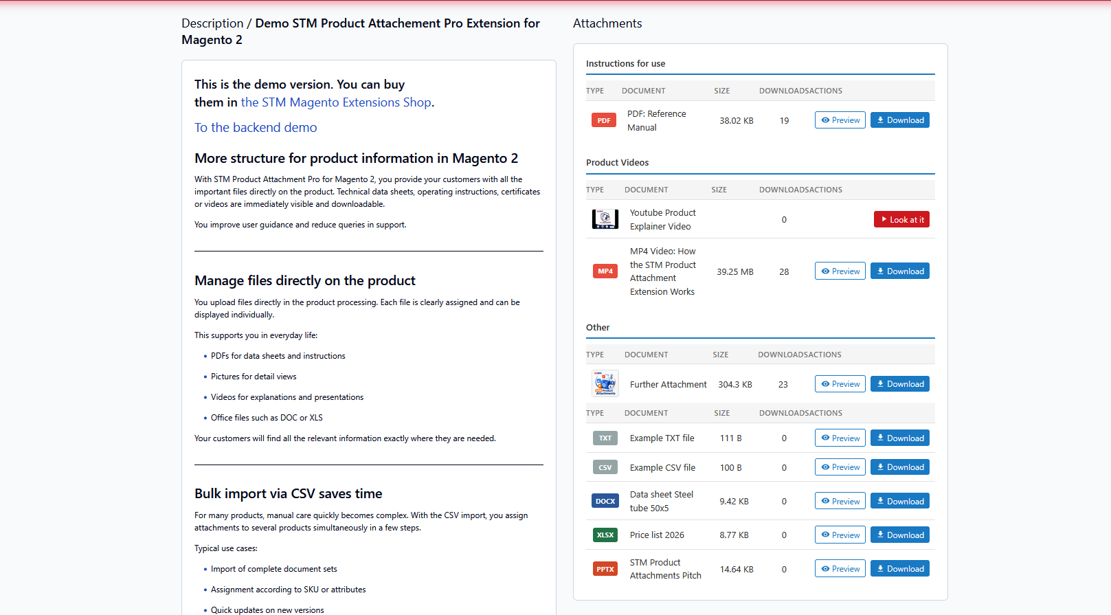 Frontend attachments panel grouped by category (Instructions for use, Product Videos, Other) with previewable PDF, image