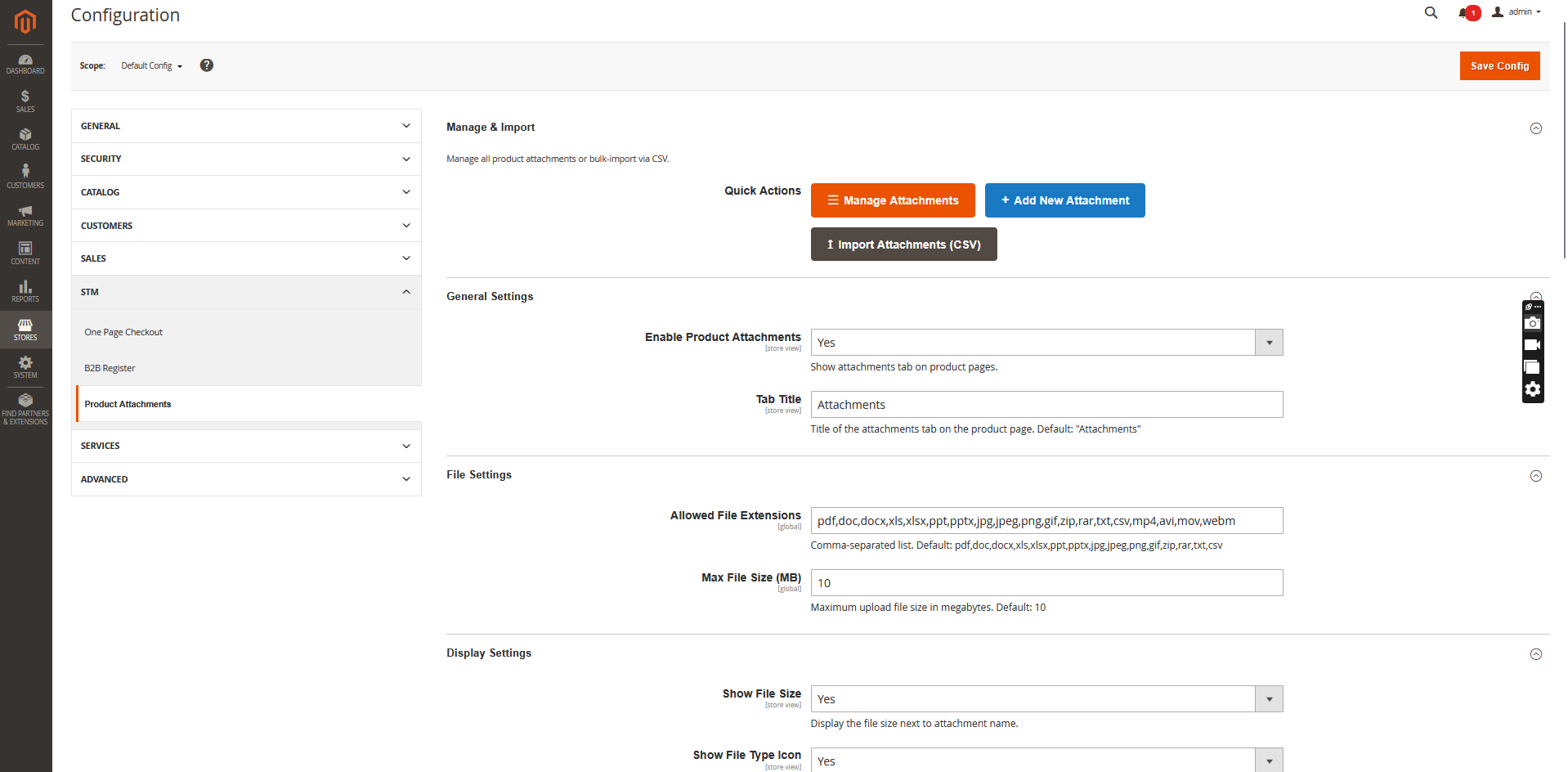 Configuration overview — Manage & Import quick actions plus General and File Settings.