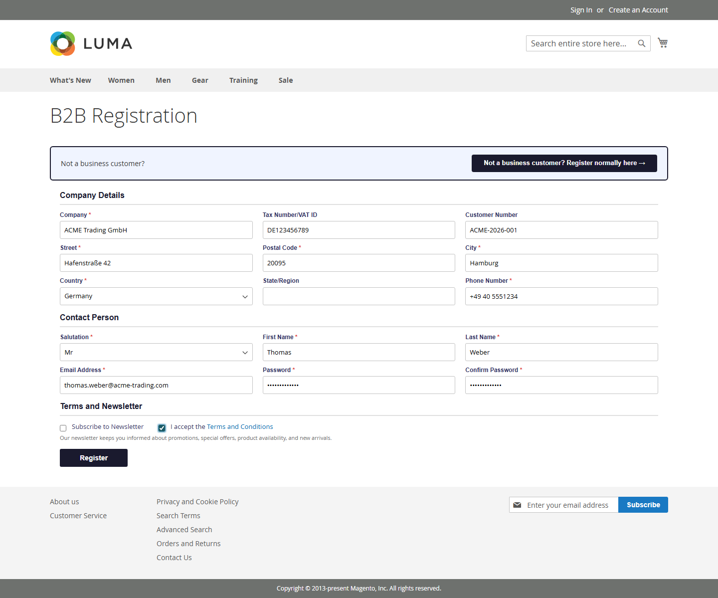Registration form filled by an example customer.
