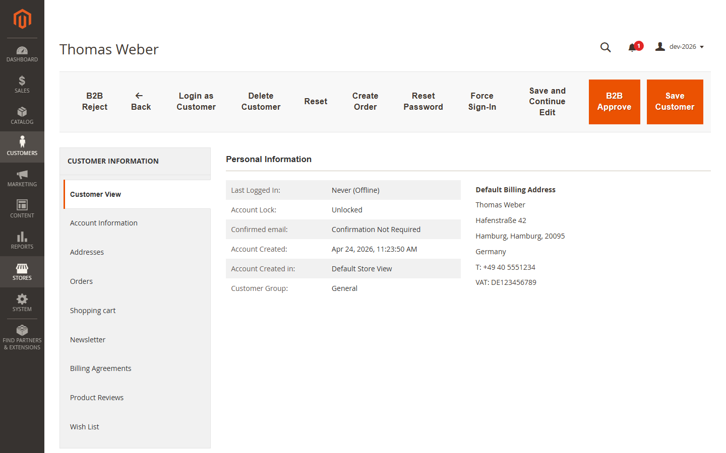 Customer edit page for a pending B2B customer. Note the orange B2B Approve and B2B Reject buttons.