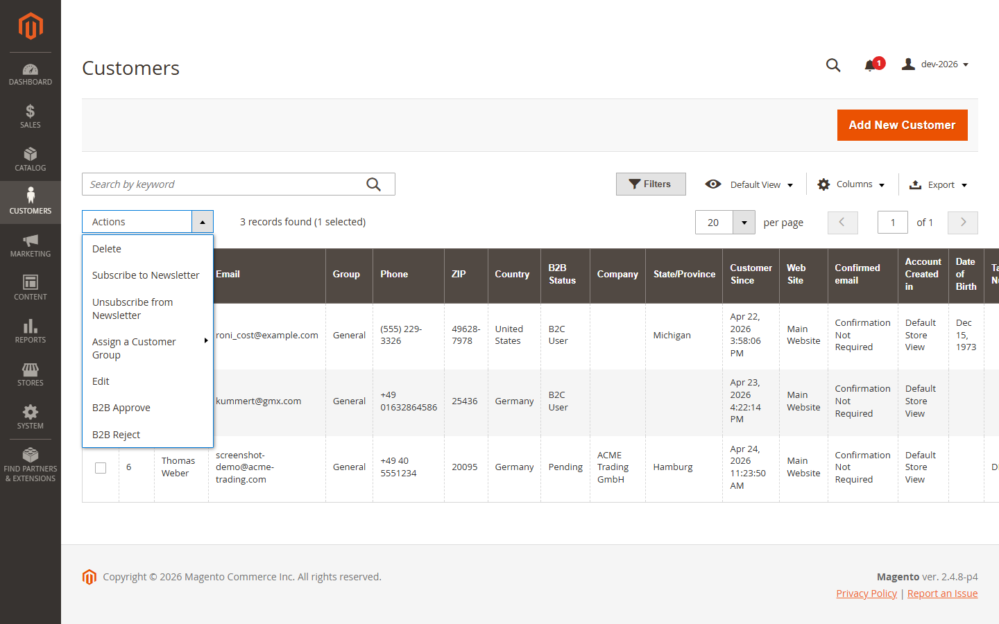 Mass-actions dropdown including B2B Approve and B2B Reject.
