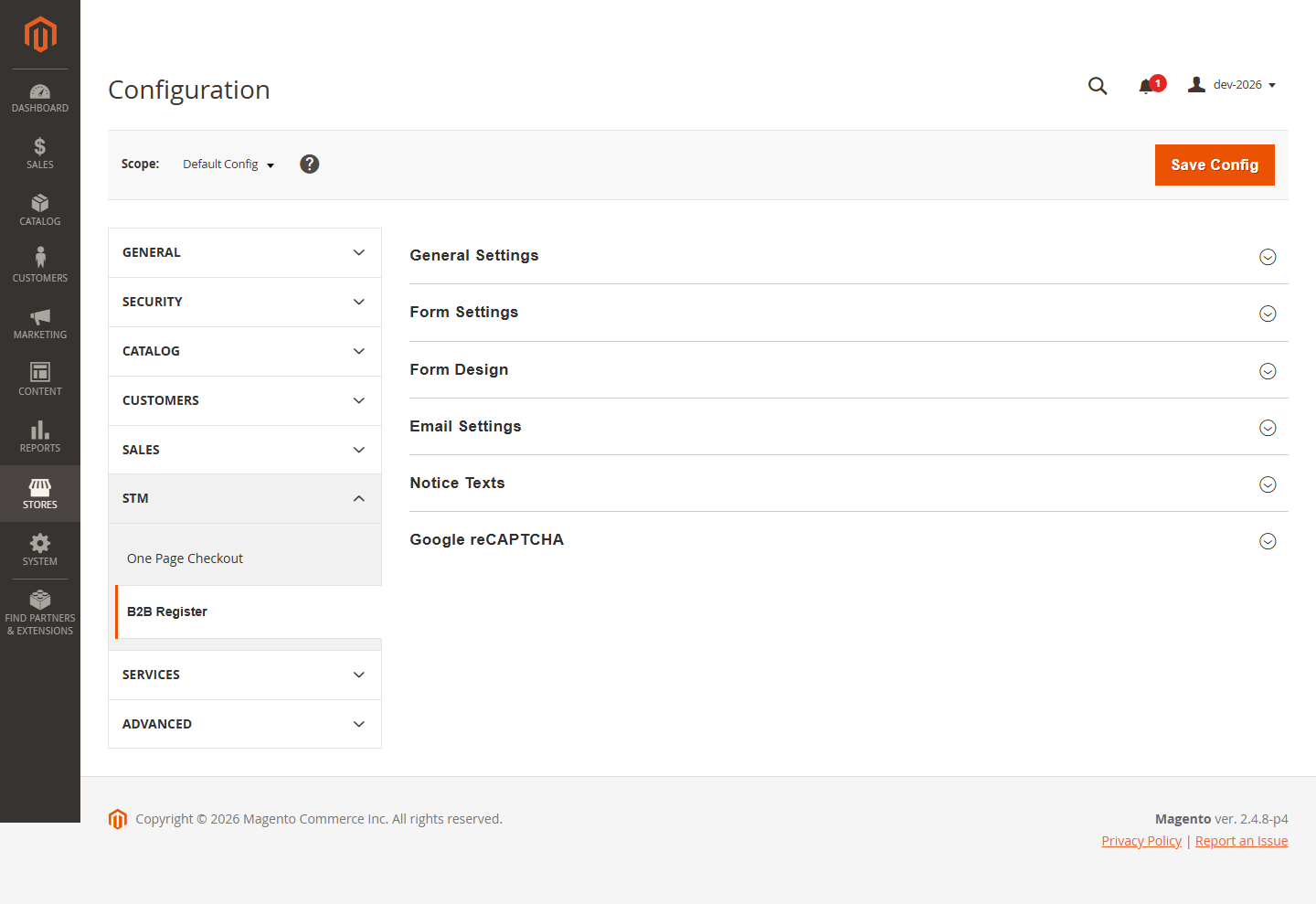 Configuration overview — six groups available per store view.