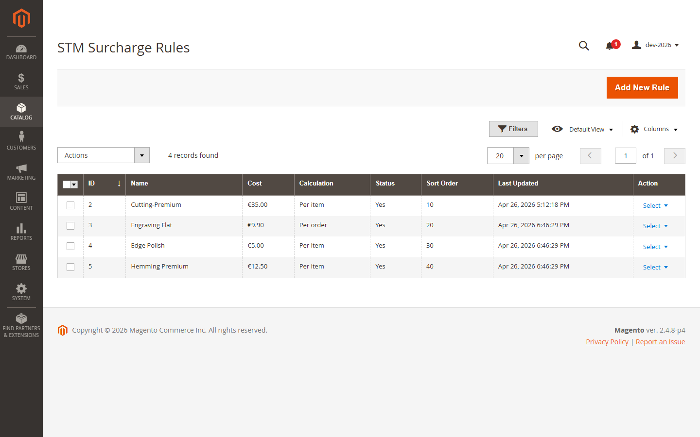STM Surcharge Rules listing under Catalog > STM Surcharge Rules. Four example rules are configured: Cutting-Premium