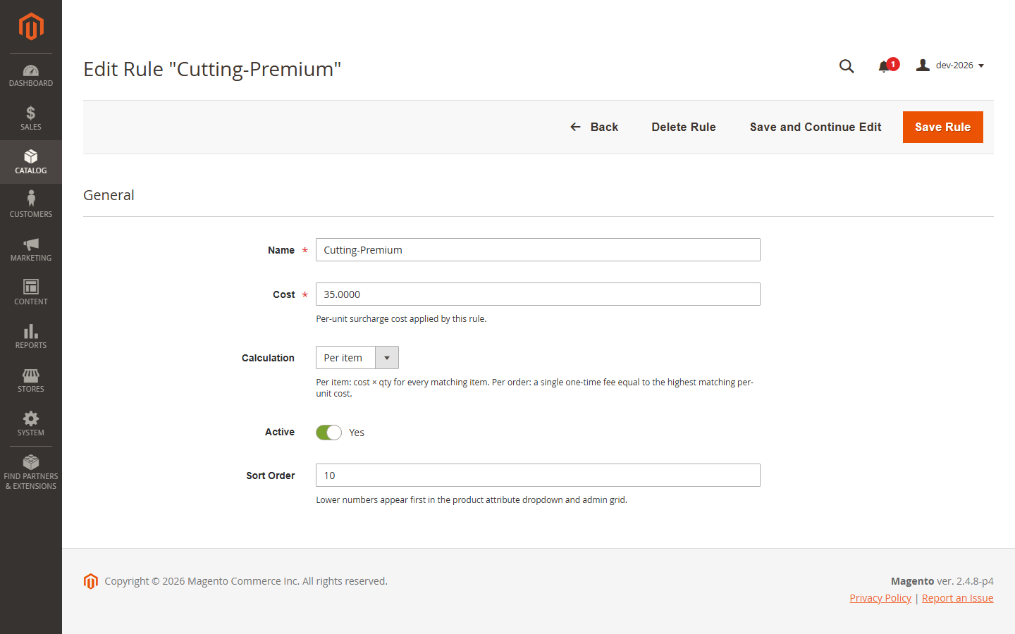 Rule edit form. Calculation ‘per item’ multiplies the cost by the quantity; ‘per order’ applies a single one-time fee eq