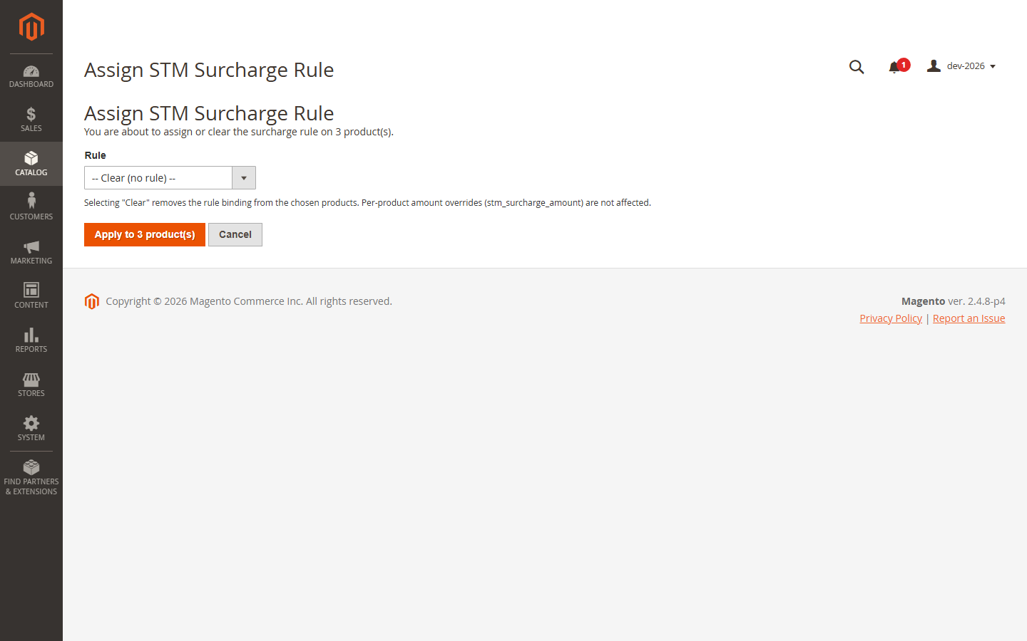 Catalog product grid with three rows selected and the Actions dropdown open. “Assign STM Surcharge Rule” at the bottom o
