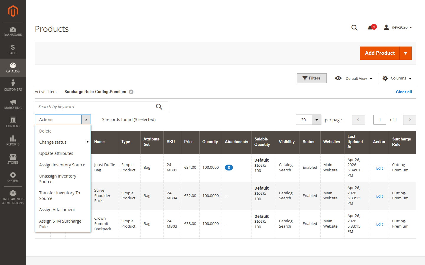 Assign STM Surcharge Rule chooser page — “Clear (no rule)” removes the binding from the chosen products; the