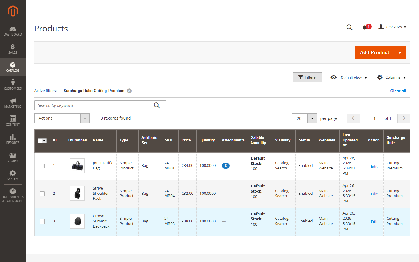 Catalog product grid filtered by Surcharge Rule = Cutting-Premium. The Surcharge Rule column on the right shows the boun